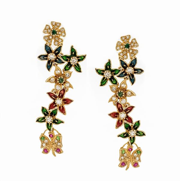 Orecchini pendenti fiori e farfalle in oro giallo 14kt diamanti