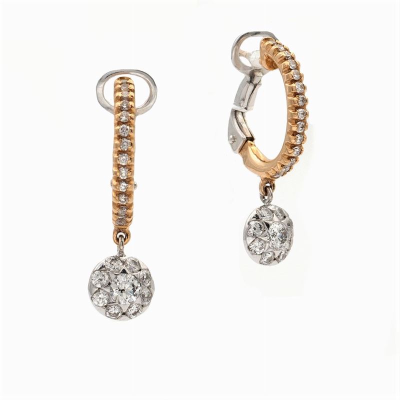 Orecchini Semicerchi con Pendente in Oro Rosa e Bianco 18kt e Diamanti