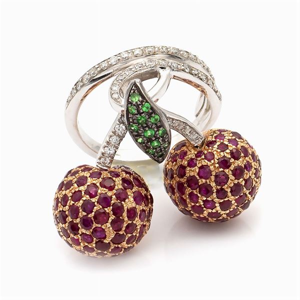 Anello ciliege in oro bianco e rosa 18kt con diamanti