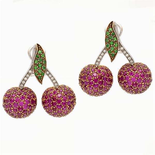 Orecchini ciliegie in oro bianco e rosa 18kt con diamanti