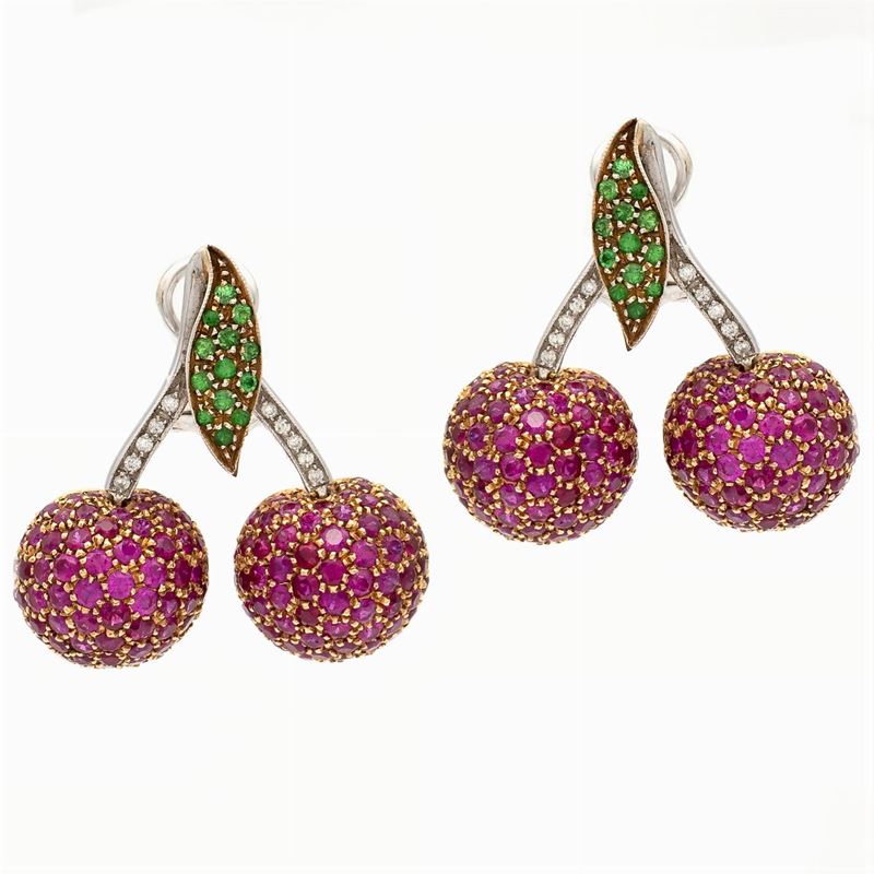 Orecchini Ciliegie in Oro Bianco e Rosa 18kt con Diamanti