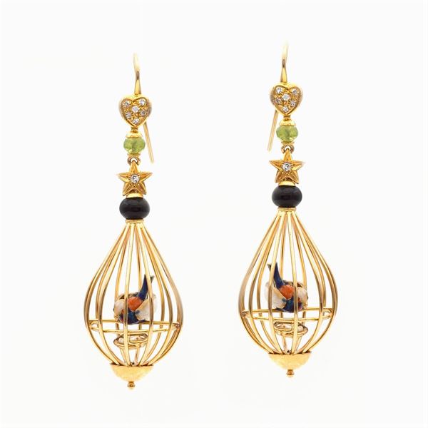 9kt yellow gold and polychrome enamel pendant earrings