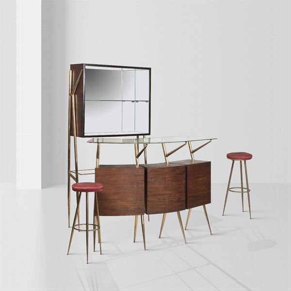 Bar cabinet with stools (4)  (Italy, 1950s)  - Auction DESIGN AND 20TH CENTURY DECORATIVE ARTS - Colasanti Casa d'Aste