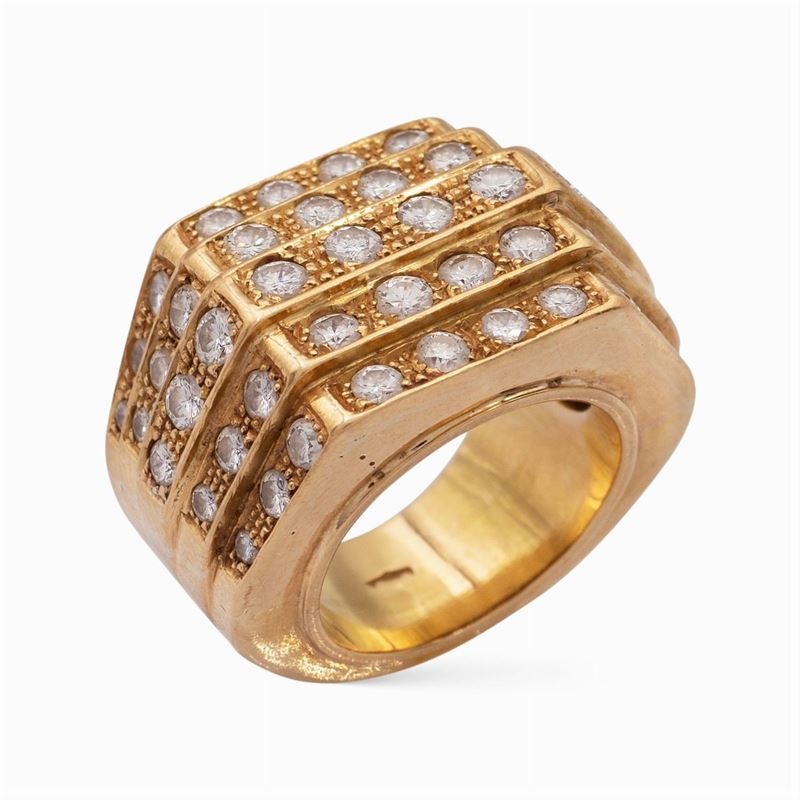 Anello a Motivo Geometrico in Oro Giallo 18kt e Diamanti