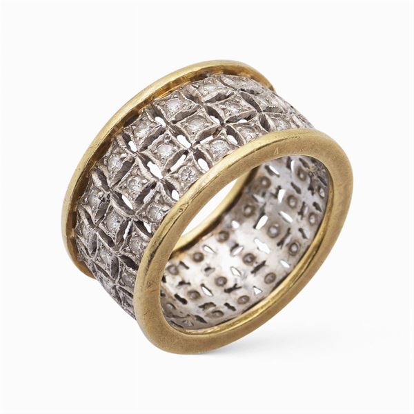 Anello a fascia in oro giallo e bianco 18kt e diamanti