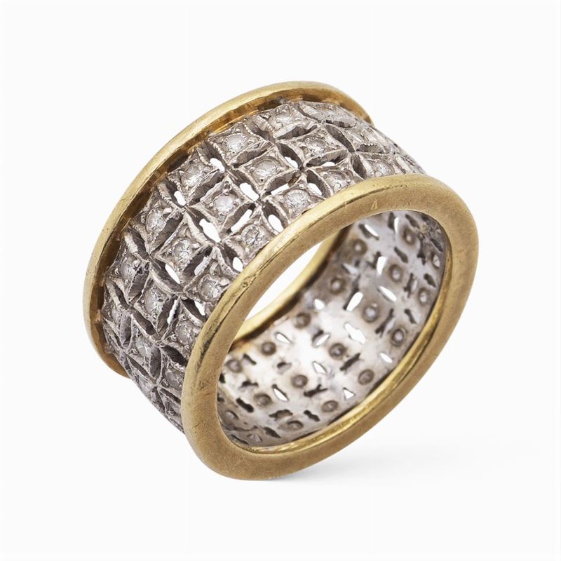 Anello a Fascia in Oro Giallo e Bianco 18kt e Diamanti