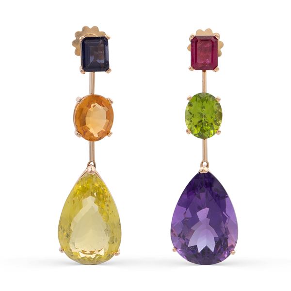 18kt yellow gold and precious stones pendant earrings