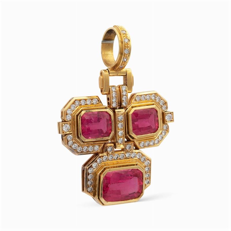 Pendente a Motivo Geometrico in Oro Giallo 18kt con Rubellite
