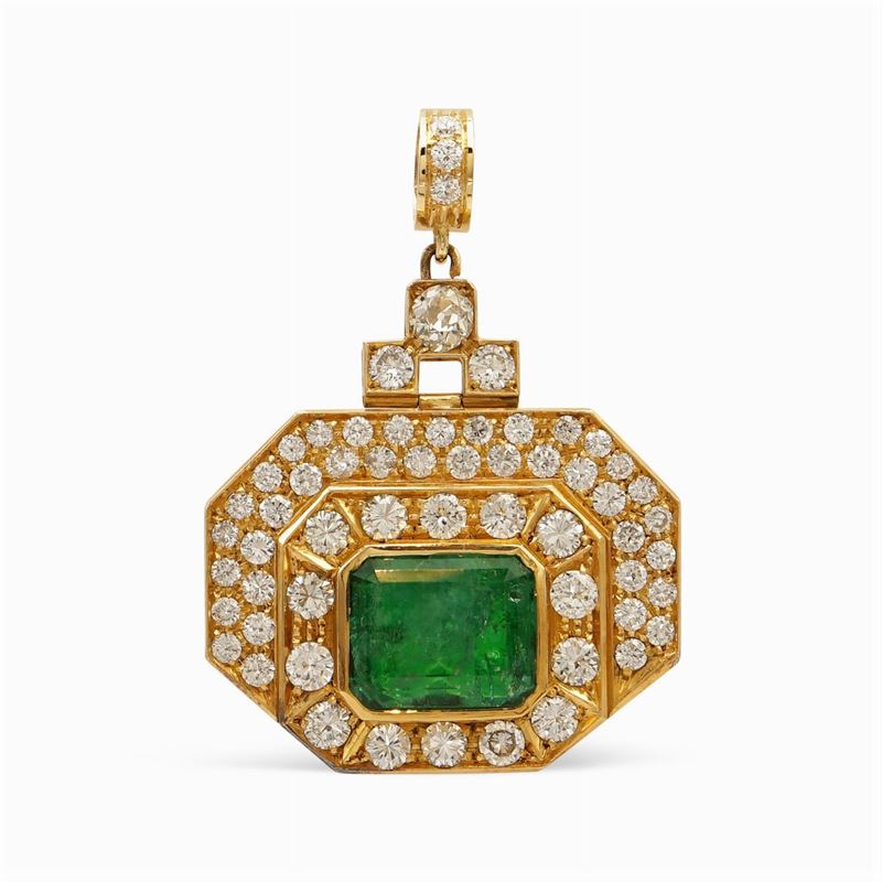 Pendente a Motivo Geometrico in Oro Giallo 18kt Smeraldo e Diamanti