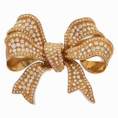 Spilla Fiocco in Oro Giallo 18kt e Diamanti