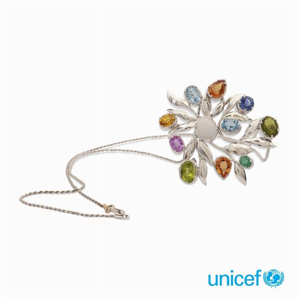 &#9830;Spilla pendente a motivo floreale in oro bianco 18kt