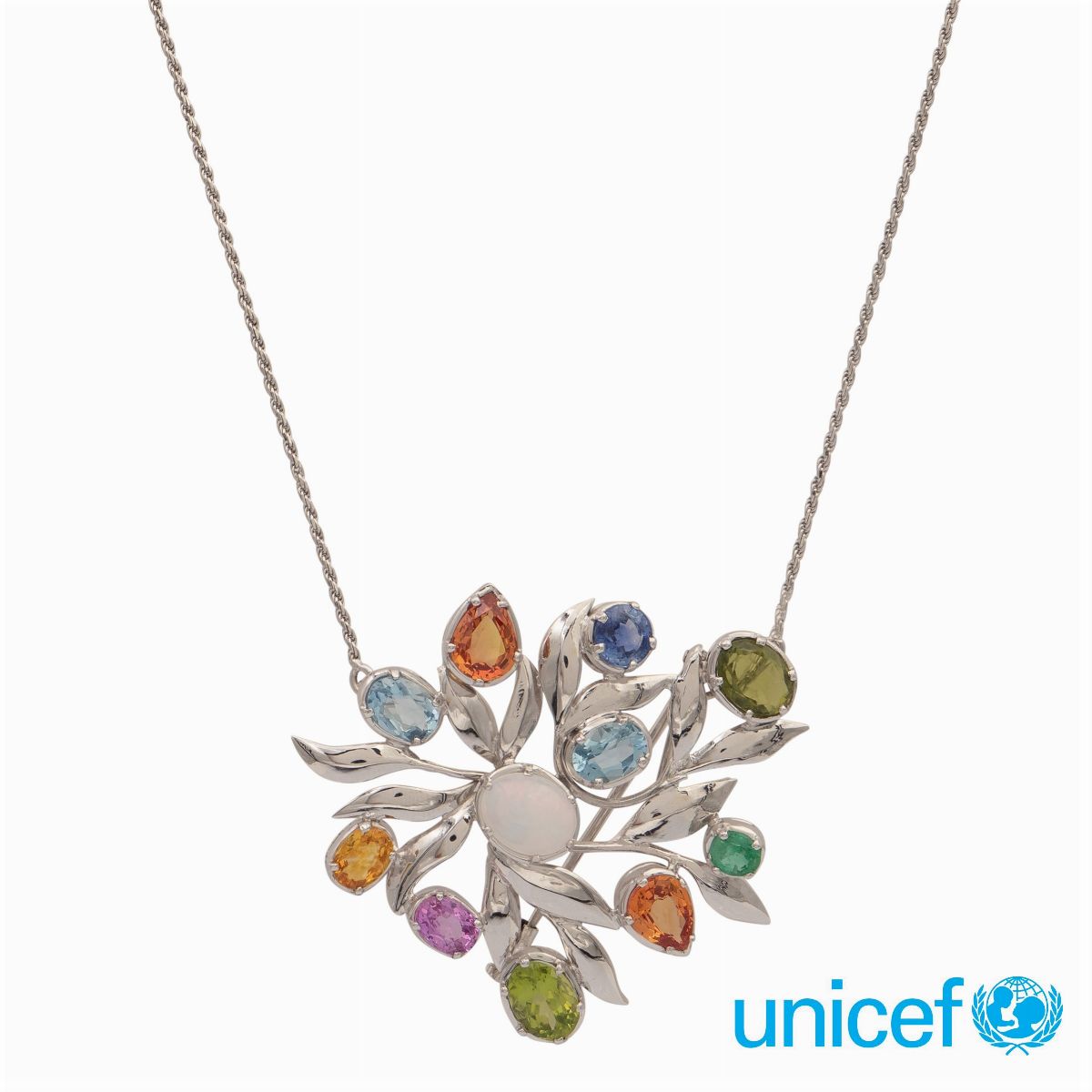 ♦spilla Pendente a Motivo Floreale in Oro Bianco 18kt