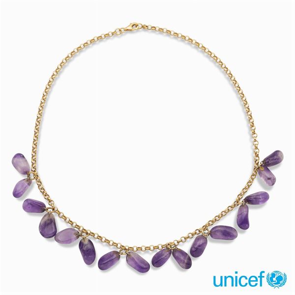 &#9830;Collana in oro giallo 18kt e ametiste pendenti