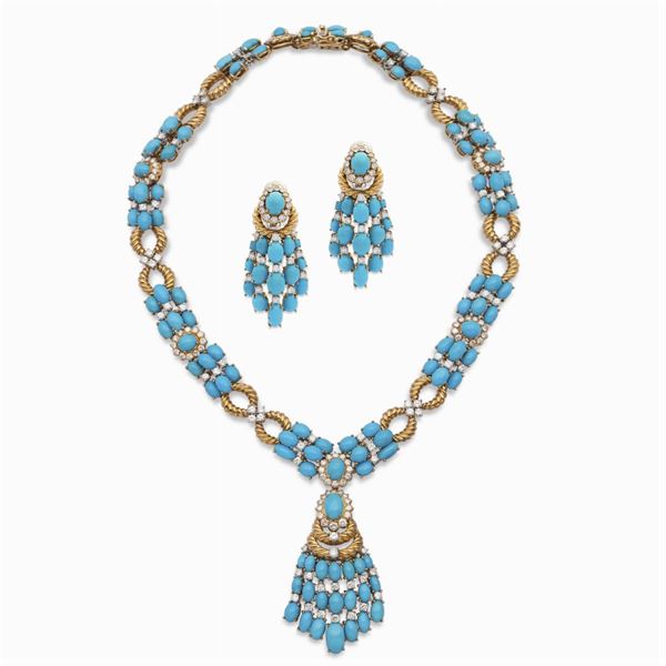 Pederzani, parure in oro giallo 18kt turchesi e diamanti