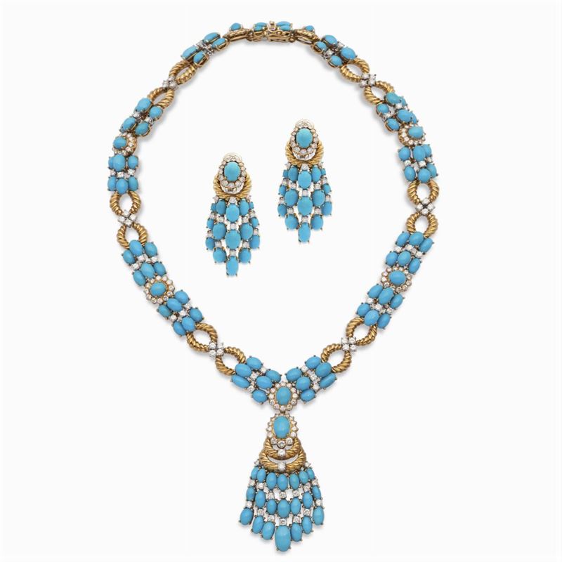 Pederzani, Parure in Oro Giallo 18kt Turchesi e Diamanti
