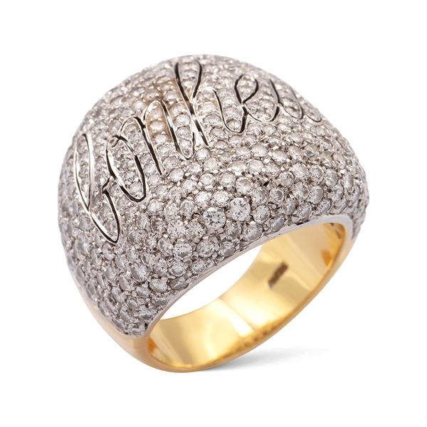 18kt white and yellow gold  "Bonheur" ring with diamond pave