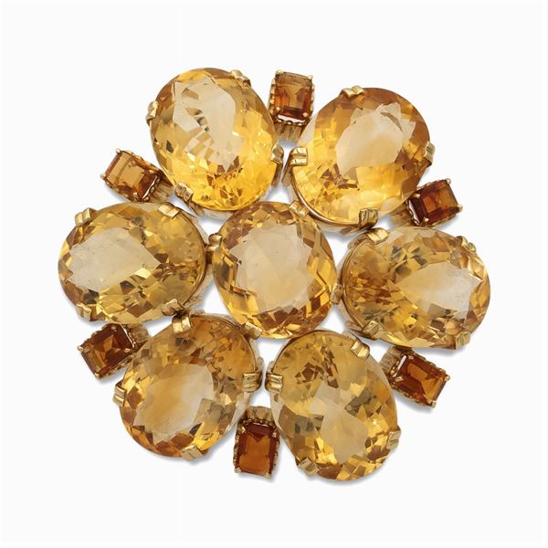 Spilla fiore in oro giallo 18kt con quarzi citrini