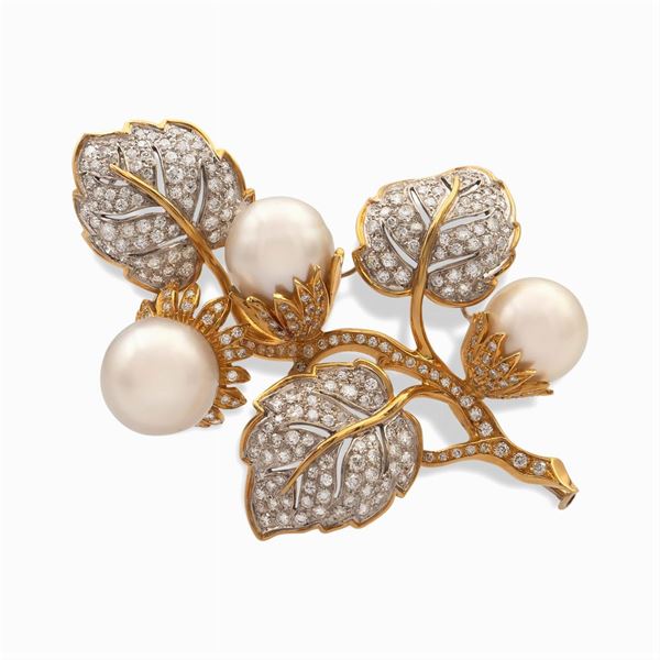 Spilla ramage floreale con diamanti e perle South Sea