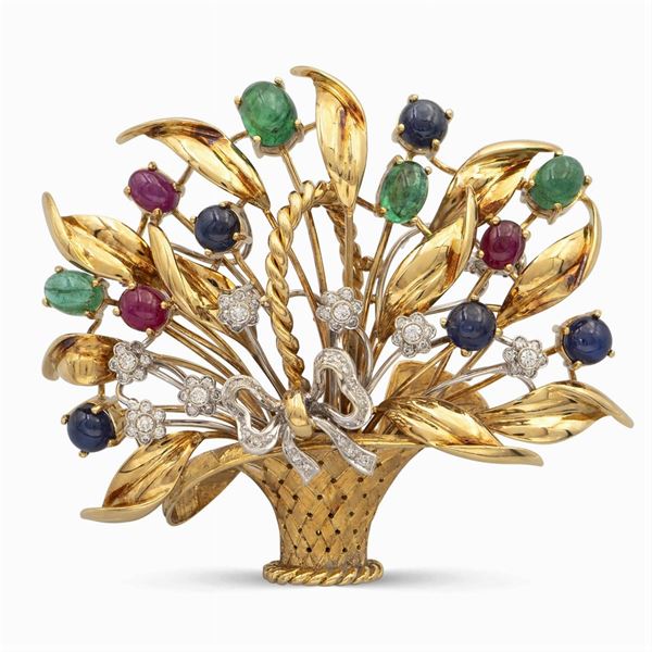 Spilla cestino di fiori in oro giallo e bianco 18kt