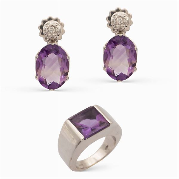 18kt white gold, amethysts and diamond ring and pendant earrings