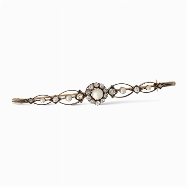 Gold, silver, pearls and diamond brooch