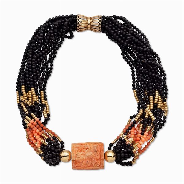 Black onyx, coral and 14kt yellow gold torchon necklace