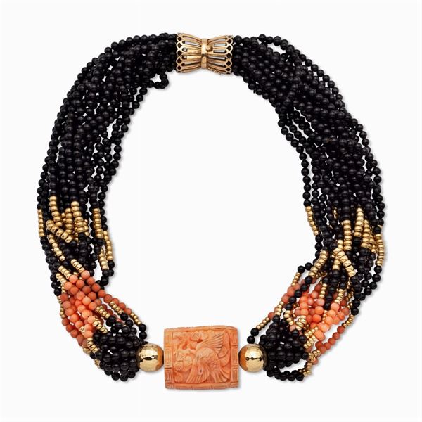 Collana a torchon in onice nero, corallo e oro giallo 14kt