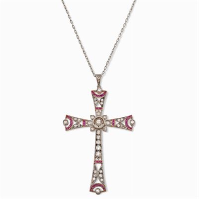 Pendente Croce Decò in Platino e Oro Giallo 18kt e Diamanti