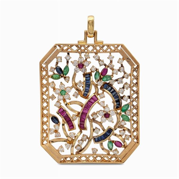 18kt yellow gold and precious stones floral pattern pendant