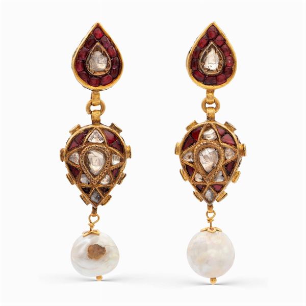 Gilded silver and polychrome enamel pendant earrings