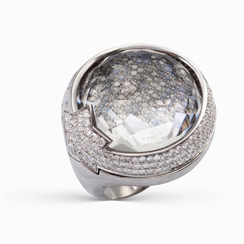 Pasquale Bruni, Anello in Oro Bianco 18kt con Quarzo, Diamanti e Zaffiri