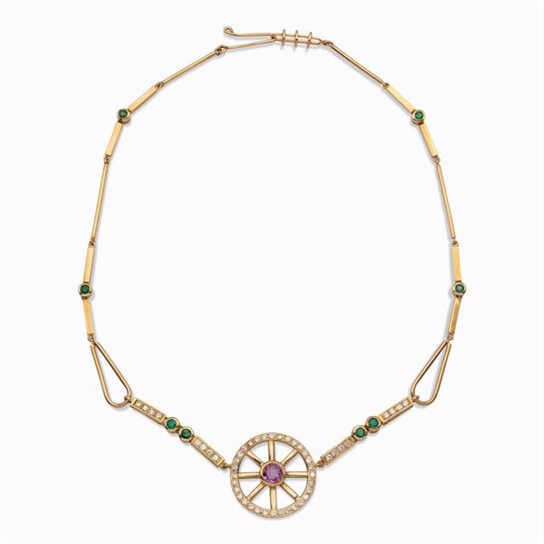 18kt yellow gold, pink sapphire and diamond wheel necklace