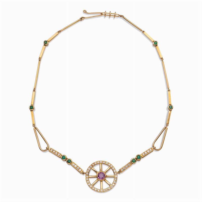 Collana Ruota in Oro Giallo 18kt con Zaffiro Rosa e Diamanti