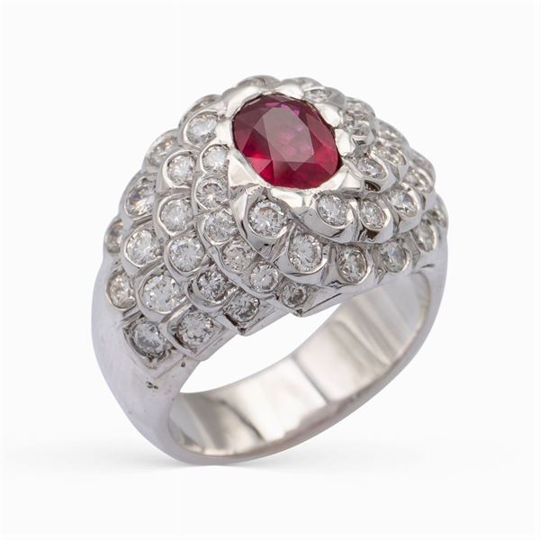 Anello a trombino in oro bianco 18kt con rubino naturale ct 1,14