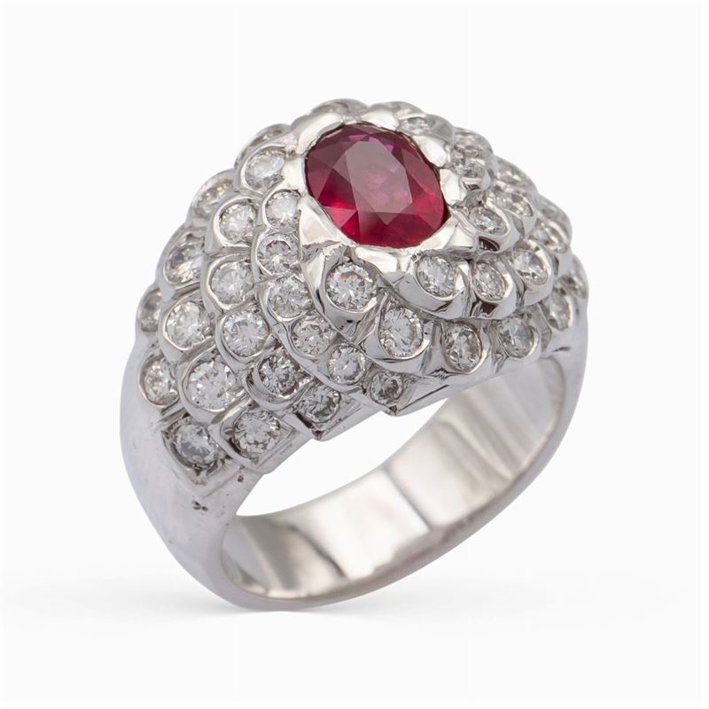 Anello a Trombino in Oro Bianco 18kt con Rubino Naturale Ct 1,14