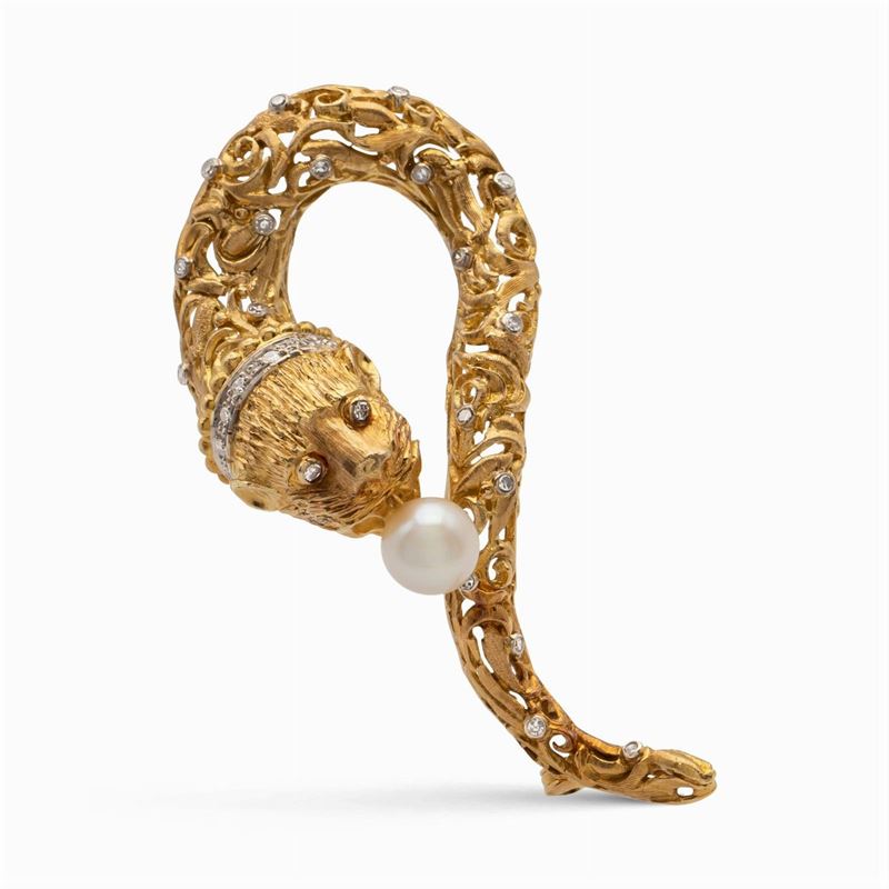 Zolotas, Spilla Leone Marino in Oro Giallo 18kt