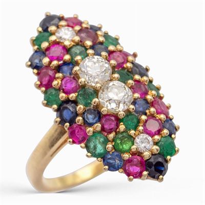 Anello a Losanga in Oro Giallo 18kt Diamanti, Zaffiri, Rubini e Smeraldi