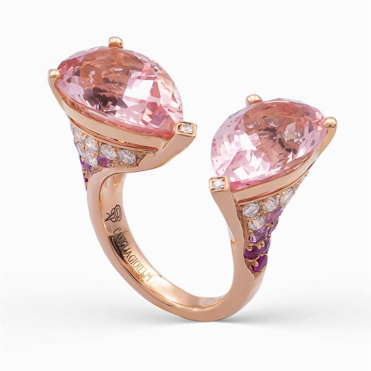 Anello Contrarié in Oro Rosa 18kt e Due Morganiti Rosa Ct 11,80