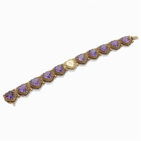 Bracciale cuori in oro giallo 14kt e ametiste