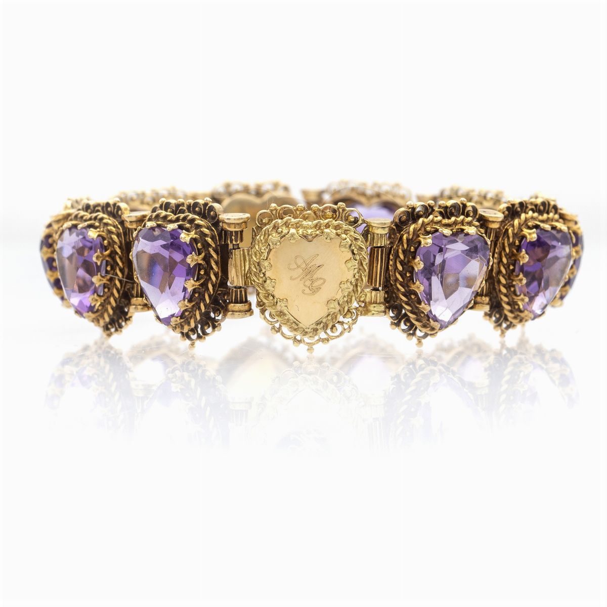 Bracciale Cuori in Oro Giallo 14kt e Ametiste