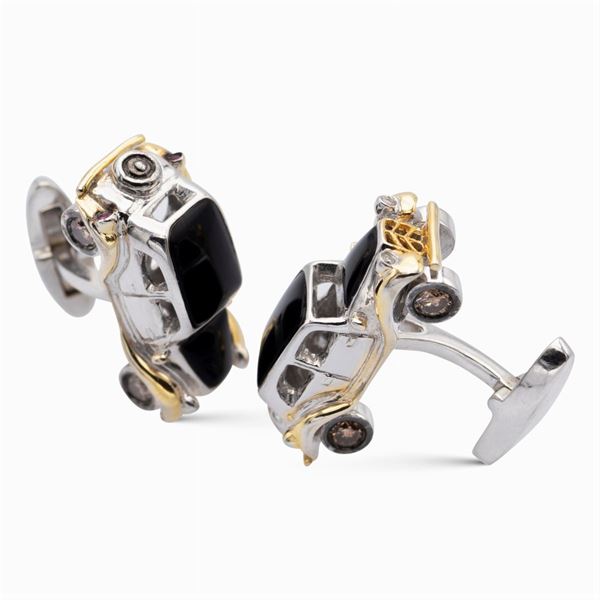 Gemelli Rolls Royce in oro bianco e giallo 18kt e diamanti fancy brown
