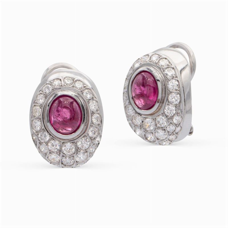 Orecchini a Lobo in Oro Bianco 18kt Rubini e Diamanti