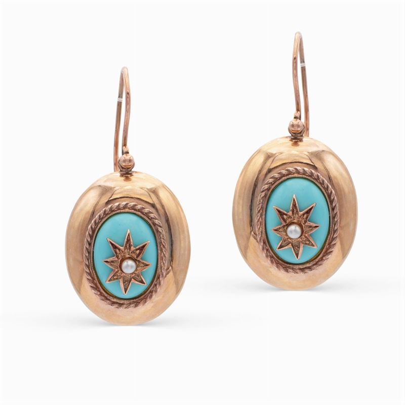 Orecchini Borbonici in Oro Rosa 12 Kt e Turchesi