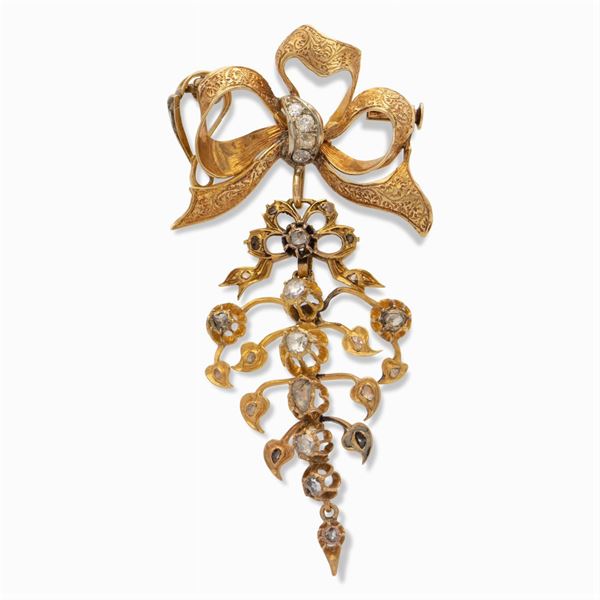 Spilla pendente fiocco in oro giallo 18kt e rose di diamante