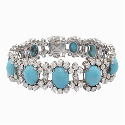 Bracciale in Oro Bianco 18kt Turchesi Naturali e Diamanti