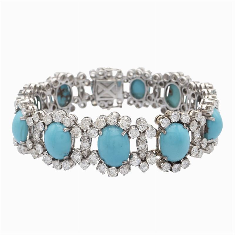 Bracciale in Oro Bianco 18kt Turchesi Naturali e Diamanti