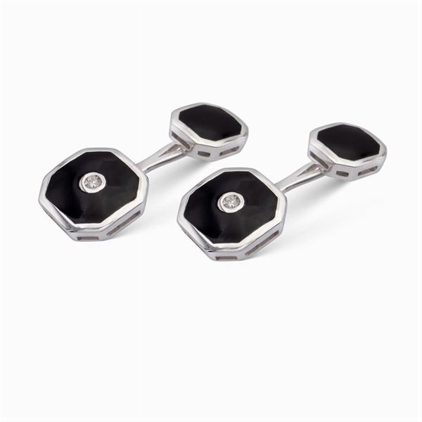 Gemelli ottagonali in oro bianco 18kt e onice nero