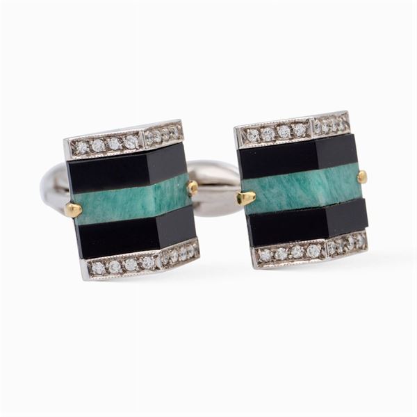 Gemelli in oro bianco 18kt onice nero, avventurina e diamanti