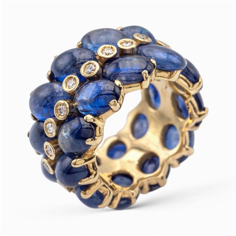 Anello a Fascia in Oro Giallo 18kt Zaffiri e Diamanti