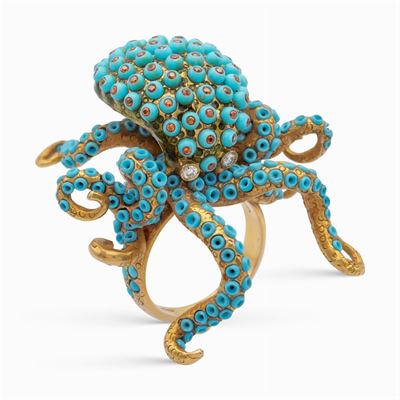 Anello Polpo in Oro Giallo 14kt e Turchesi